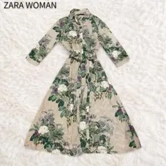 ZARA WOMAN シャツワンピース ロング丈 ウエストリボン L ボタニカル