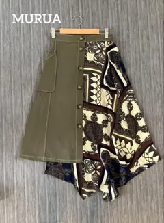 【美品】 MURUA スカーフ切り替えスカート カーキ 春夏のサムネイル
