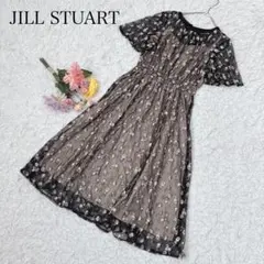ジルスチュアート　半袖ワンピース　花柄　総柄　刺繍　ブラック　Aライン　ロング丈