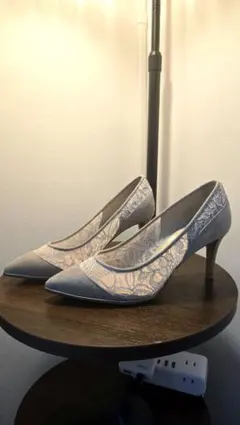 DIANA パンプス 24cm G 幅広 グレー レース 日本製