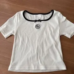 美品GRL リボン付き フリル風リブTシャツ 半袖 Sサイズ