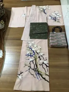 着物帯セット3点セット正絹　袷くすみピンク新品しつけ糸つき卒業式　入学式ママ着物