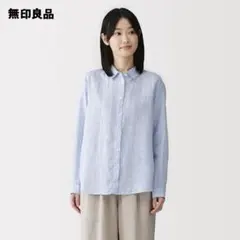 無印良品 リネン 洗いざらし レギュラーカラー長袖シャツ ブルーストライプ Mのサムネイル