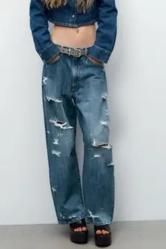 【タグ付新品】ZARA TRF ミッドライズ ダメージバギー デニムパンツ 32
