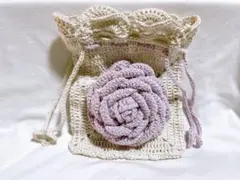 ✨匿名配送✨️巾着 薔薇 バラ モチーフ編み 編み物 コットン 白 紫