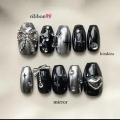 ネイルチップ オーダー ミラーネイル ブラック リボン