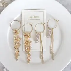 フープ 5連フラワー/3連ラインストーン《ピアス》