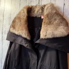 ラビットファー付き ブラック モッズ風ライトコート　M