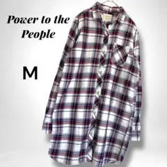 【パワートゥーザピープル】ロング長袖チェック柄シャツ チュニックワンピ M白赤青