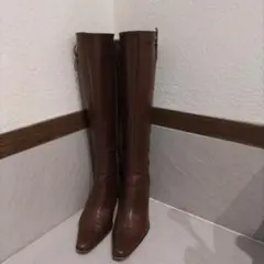 ブラウンレザー ロングブーツ 高ヒール