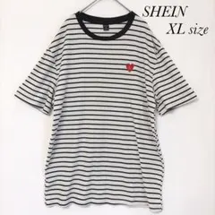 SHEIN ボーダー柄 リブ編み 半袖 Tシャツ 大きめ XL a0717