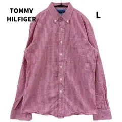 トミーヒルフィガー　メンズシャツ　赤　チェック柄　L相当　カジュアル【1827】