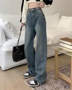 無地 ハイウエスト ワイドレッグジーンズ デニム SHEIN