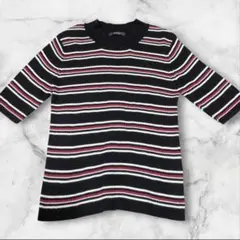 ジーナシス　リブ編みストライプ五分袖ニットセーター　AB145