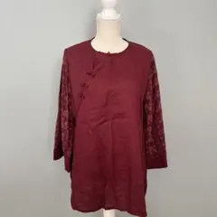 太極拳服、チャイニーズ、バーガンディ 長袖 シャツ・ブラウス