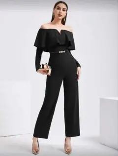 SHEIN オフショルダーV字開き オーバーレイ ジャンプスーツ