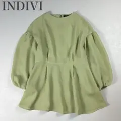インディヴィ 美品 バルーンスリーブブラウス ペプラム ボトルネック 七分袖