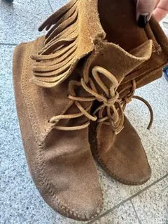 ブラウン スエード フリンジ ミドルカットブーツ