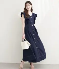 タグ有canami配色ステッチラッフル袖ワンピース ナチュラルクチュール 紐無しのサムネイル