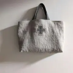 ハンドメイド　リネンバッグ　トートバッグ　クロス　キナリ　ギンガムチェック