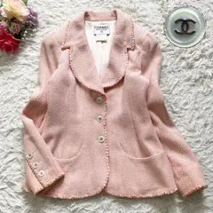 美品■シャネル　テーラードジャケット　ツイード　ココマークボタン　シルク　38