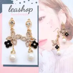 シャネルストーン パール風 モノグラムフラワー　ロングおおぶりピアス