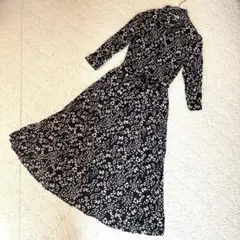 ZARA ザラ シャツワンピース ロング 総柄 フレア 長袖 リボン M