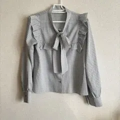 フリル付きチェック柄シャツ M