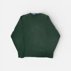 90s ラルフローレン　コットンニット　メンズM 深緑　古着　ワンポイント