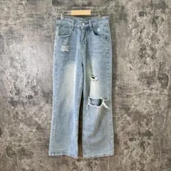 ♡ストレートジーンズ♡ダメージ♡脱色♡ライトブルー♡育った♡着回し抜群(S)