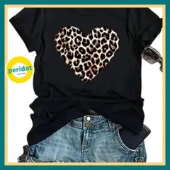 新品 ハート ヒョウ柄 プリント 半袖 Tシャツ ブラック カジュアル C