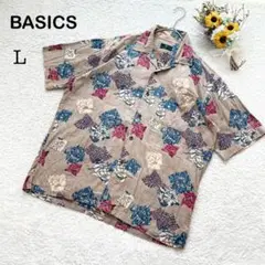 【BASICS】メンズ 半袖 シャツ 前開き 総柄 アロハシャツ ブラウン系 L