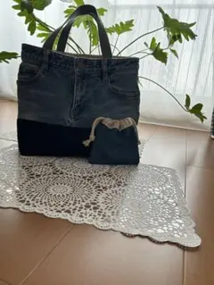 ♡ハンドメイドトートバッグ＊デニムと黒帆布✖️ベージュギンガチェック＊ 巾着付き