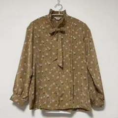 90s 昭和レトロ ブラウス 長袖 総柄 フリル リボン 花柄 ブラウン 古着