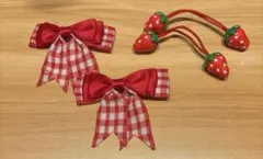 赤チェックリボン&いちごのヘアゴムセット/各2種2個セット