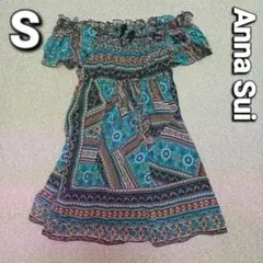 Anna sui 　花柄ミニワンピース　襟ぐり・ウエストリボン　Sサイズのサムネイル
