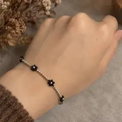 ハンドメイド ビーズブレスレット フラワー ブラック シルバー