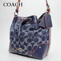 【COACH】 ショルダーバッグ シグネチャー 巾着 ネイビー レザー 金