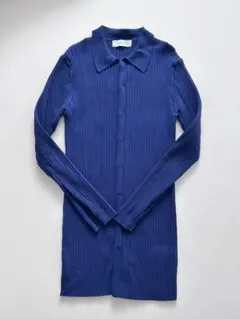 SIMPLICITE リブカーディガン ブルー　えり付き　ポロニット