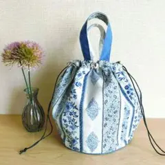 ハンドメイド❉丸底巾着バッグ ハンドバッグ ストライプ(花柄)