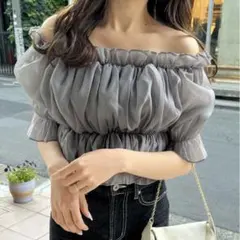 GRL シアーギャザーショート丈ブラウス チャコール