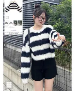 ボーダー柄フェザーニットショート丈カーディガン［Kz323］GRL
