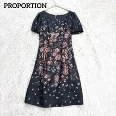 プロポーション　ワンピース　ネイビー　花柄 半袖　総柄　パフスリーブ　サイズ2のサムネイル