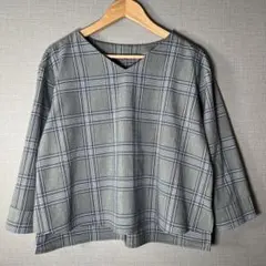 【MICHEL KLEIN】(38/M)Vネックチェック柄七分袖ブラウスゆったり