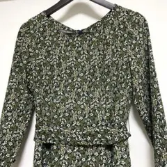 【美品】ローラアシュレイ 小花柄 ワンピース 七分袖 ウエストリボン グリーン