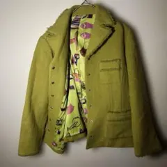 テーラードジャケット 黄緑色　好デザイン　インナー柄　ウール　アンゴラ　11 L