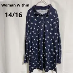 Woman Within ネイビー花柄長袖ポロシャツ 14/16