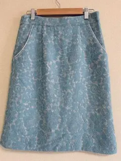 スカート　タイトスカート　レース　ひざ丈　花柄　グリーン　ゴム　大きめ　Mサイズ