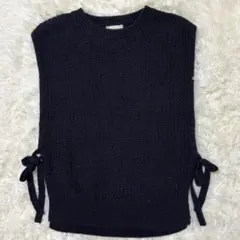 ニットベスト サイドリボン ネイビー M レイヤード　軽量　シンプル　重ね着