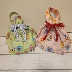 猫 カフェ柄のお弁当袋、巾着袋ペアセット